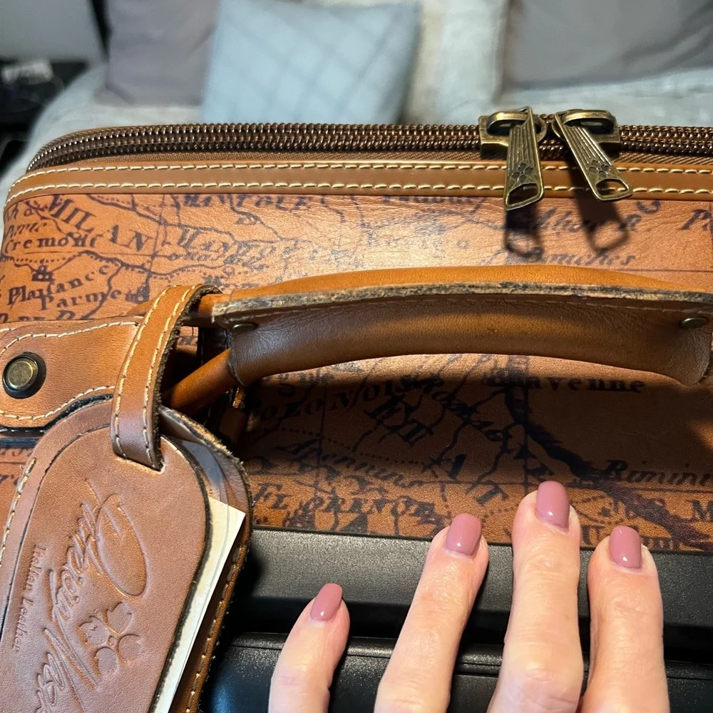 Patricia Nash Vintage Map Print Tan Leather Carryon Vertical Suitcase - Picture 4 of 15